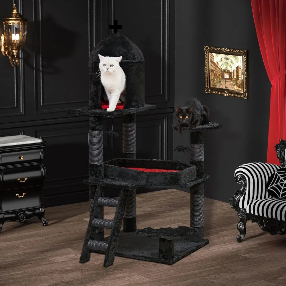 Gothic Cat Tree with Coffin Bed,55" Cat Tower with Spacious Cat Condo,Scratching Posts,Spider Hanging Ball,Multi-Level Cat Activ