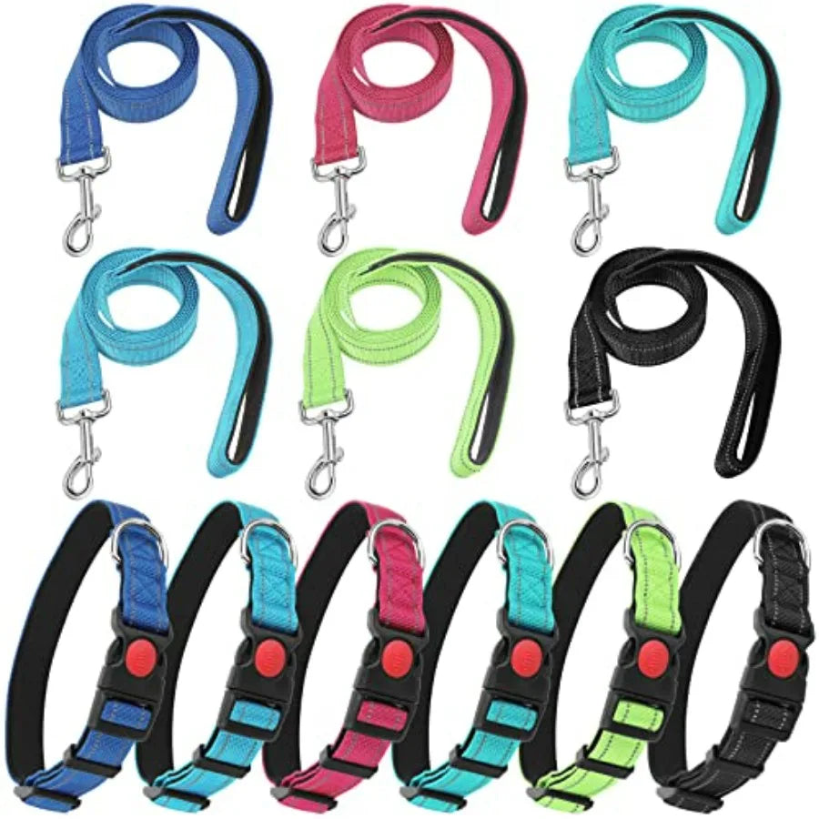 6 Sets Reflective Dog Leash and Collar Set, Nylon Leashes Adjustable Dog Collar Heavy Duty Padded Handle Leash for Small Medium