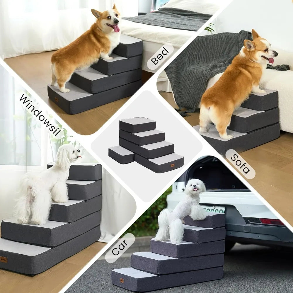 5-Step Adjustable Dog Stairs for High Beds, Dog Steps for Small Dogs and Cats, Foldable Pet Stairs for Bed Climbing, Non-Slip Pe