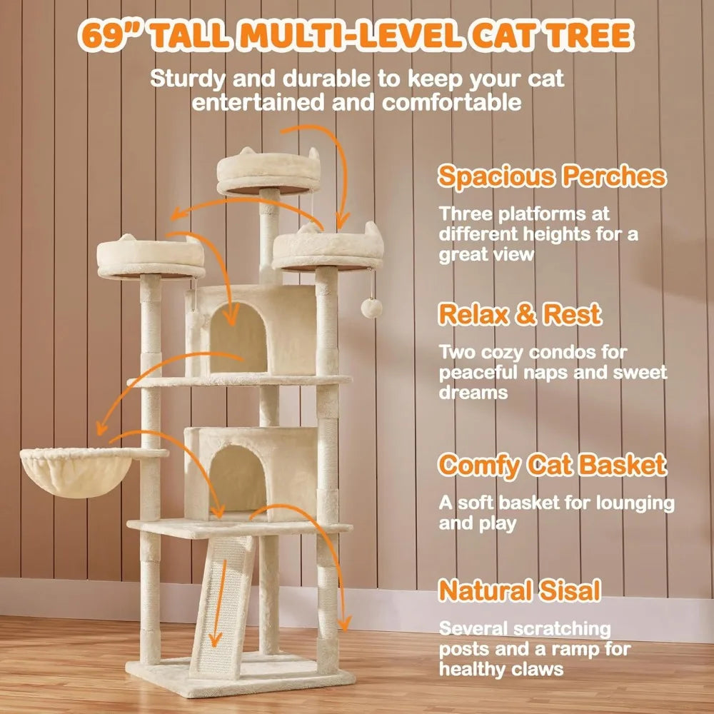 Cat Tree Cat Tower, Multilevel Cat Condo with Sisal Scratching Post as Indoor Cats Play House, Beige