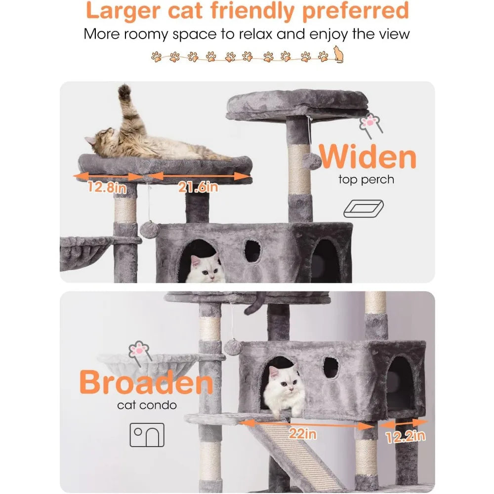 Cat Tree Cat Tower 70.1 in, Multi Level Cat Scratching Post with Condos, Ladders, Basket, Hammock & Plush Perches for Kittens