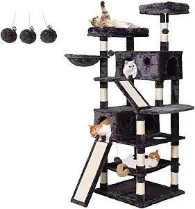 Cat Tree Cat Tower 70.1 in, Multi Level Cat Scratching Post with Condos, Ladders, Basket, Hammock & Plush Perches for Kittens