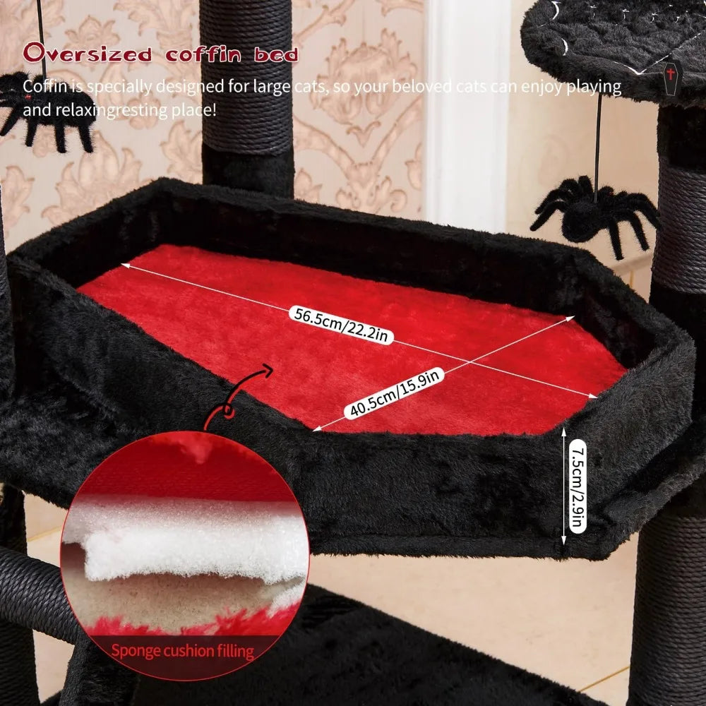 Gothic Cat Tree with Coffin Bed,55" Cat Tower with Spacious Cat Condo,Scratching Posts,Spider Hanging Ball,Multi-Level Cat Activ