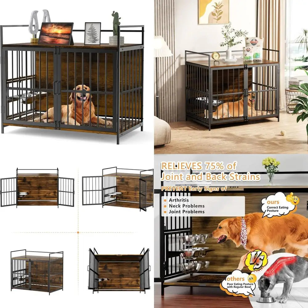Dog Crate Furniture-Style Cages for Large Dogs Indoor Heavy Duty Super Sturdy Dog Kennels with 2 Stainless Steel Bowls (
