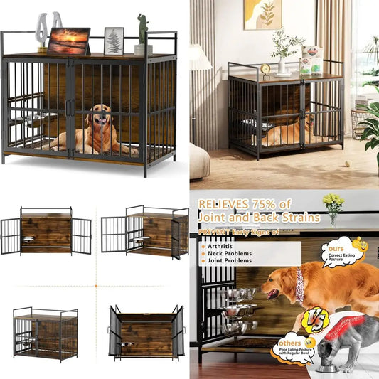 Dog Crate Furniture-Style Cages for Large Dogs Indoor Heavy Duty Super Sturdy Dog Kennels with 2 Stainless Steel Bowls (
