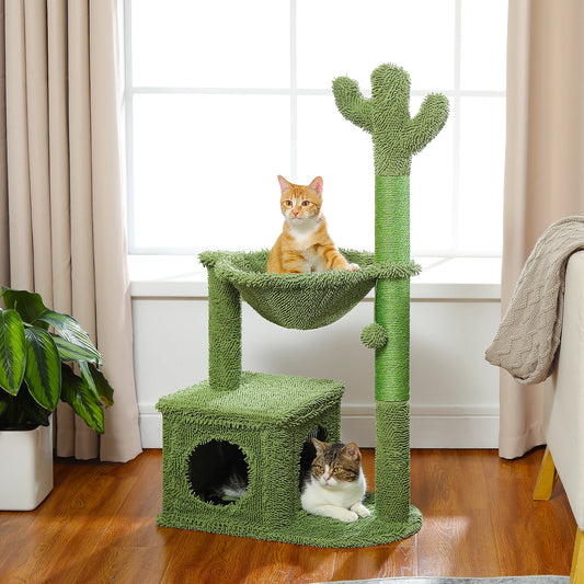 Cactus Cat Tree with Large Condo, Hammock, Dangling Ball, Small Cat Tower, Cat Scratching Post for Indoor, Cat Toys