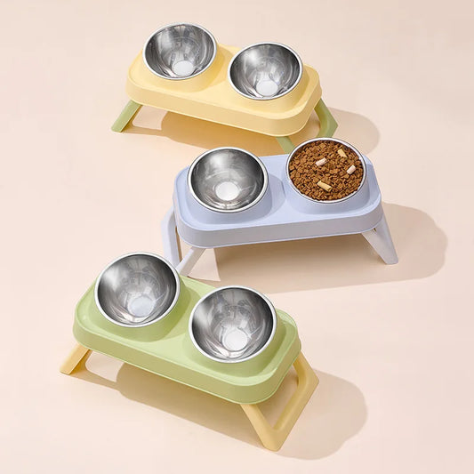 Stainless Steel Elevated Cat Bowl Dual Dish - Anti-Slip Non-Tip Raised Feeder Neck Support for Pets Dogs Cats