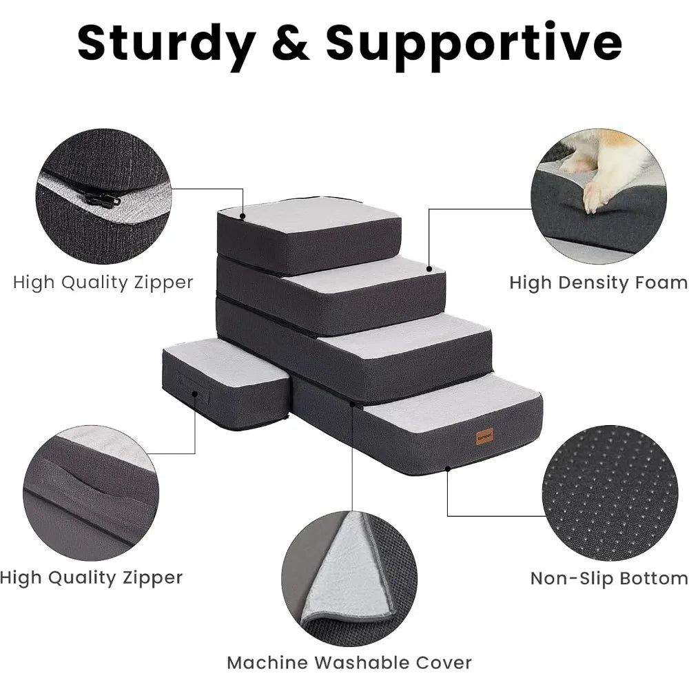 5-Step Adjustable Dog Stairs for High Beds, Dog Steps for Small Dogs and Cats, Foldable Pet Stairs for Bed Climbing, Non-Slip Pe