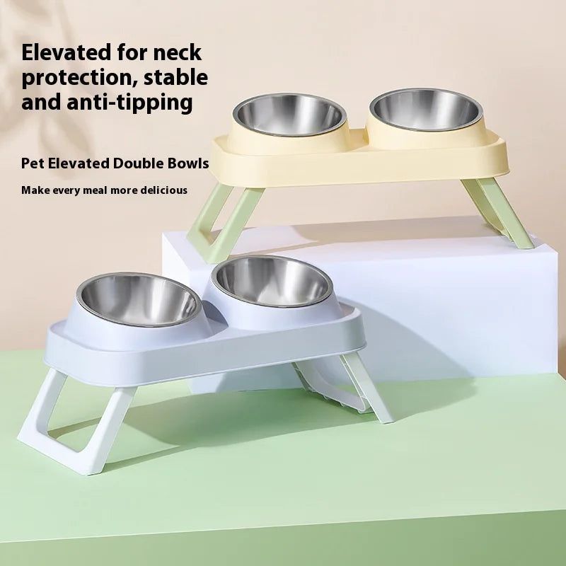 Stainless Steel Elevated Cat Bowl Dual Dish - Anti-Slip Non-Tip Raised Feeder Neck Support for Pets Dogs Cats