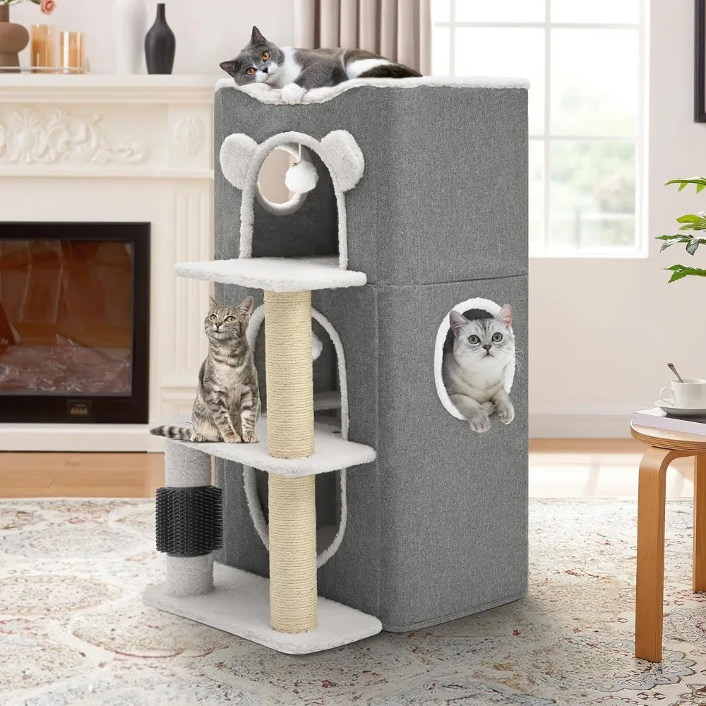 3-Tier Cat House, Cat Beds for Indoor Cats, Modern Cat Condo with Highway Cave, Scratch & Itching Post, Climbing Stand,