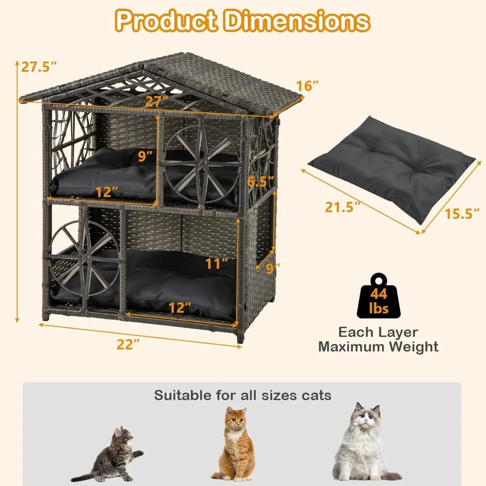 Two-Tier Rattan Cat House with Removable Cushions and Wicker Cat Cave Bed for Aesthetic Pet Shelter