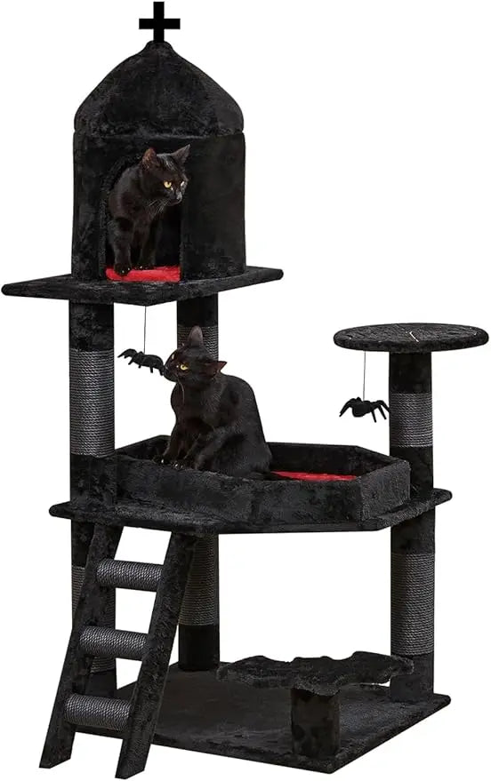 Gothic Cat Tree with Coffin Bed,55" Cat Tower with Spacious Cat Condo,Scratching Posts,Spider Hanging Ball,Multi-Level Cat Activ