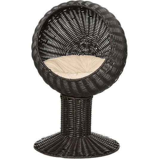 Elevated Cat Bed Rotatable Egg Chair Pod Natural Grass Woven Kitty House with Thick Cushion Cozy Basket Napping Space
