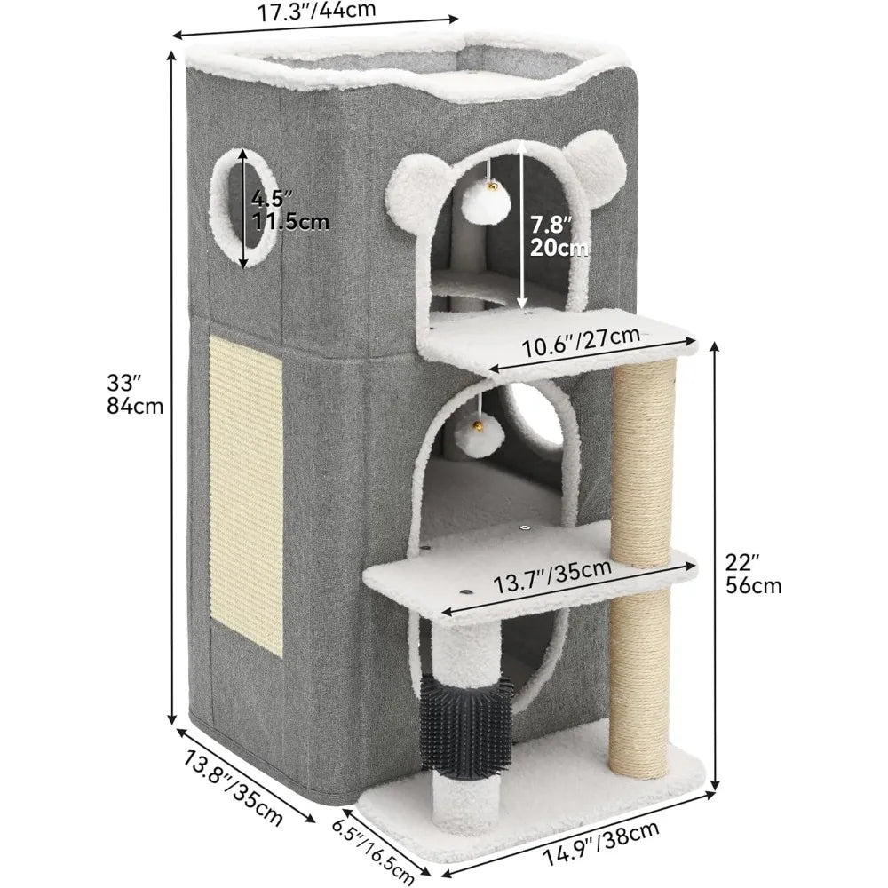 3-Tier Cat House, Cat Beds for Indoor Cats, Modern Cat Condo with Highway Cave, Scratch & Itching Post, Climbing Stand,