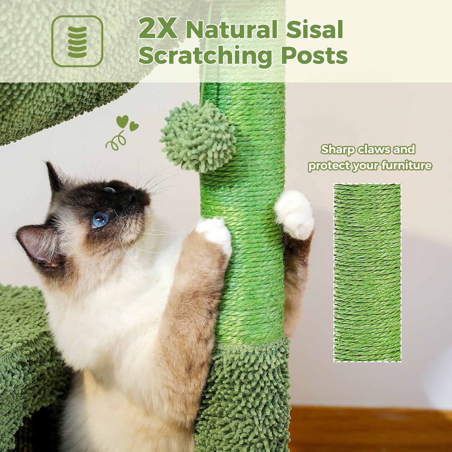 Cactus Cat Tree with Large Condo, Hammock, Dangling Ball, Small Cat Tower, Cat Scratching Post for Indoor, Cat Toys