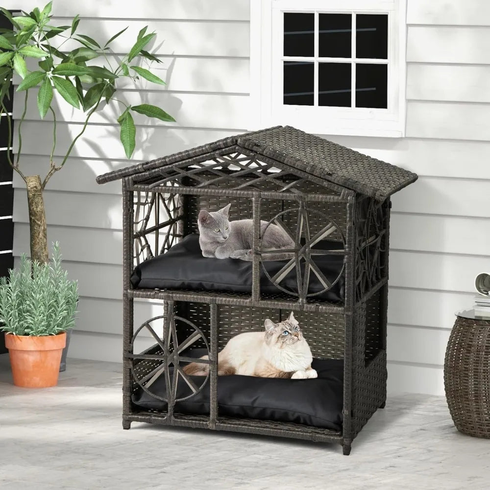 Two-Tier Rattan Cat House with Removable Cushions and Wicker Cat Cave Bed for Aesthetic Pet Shelter