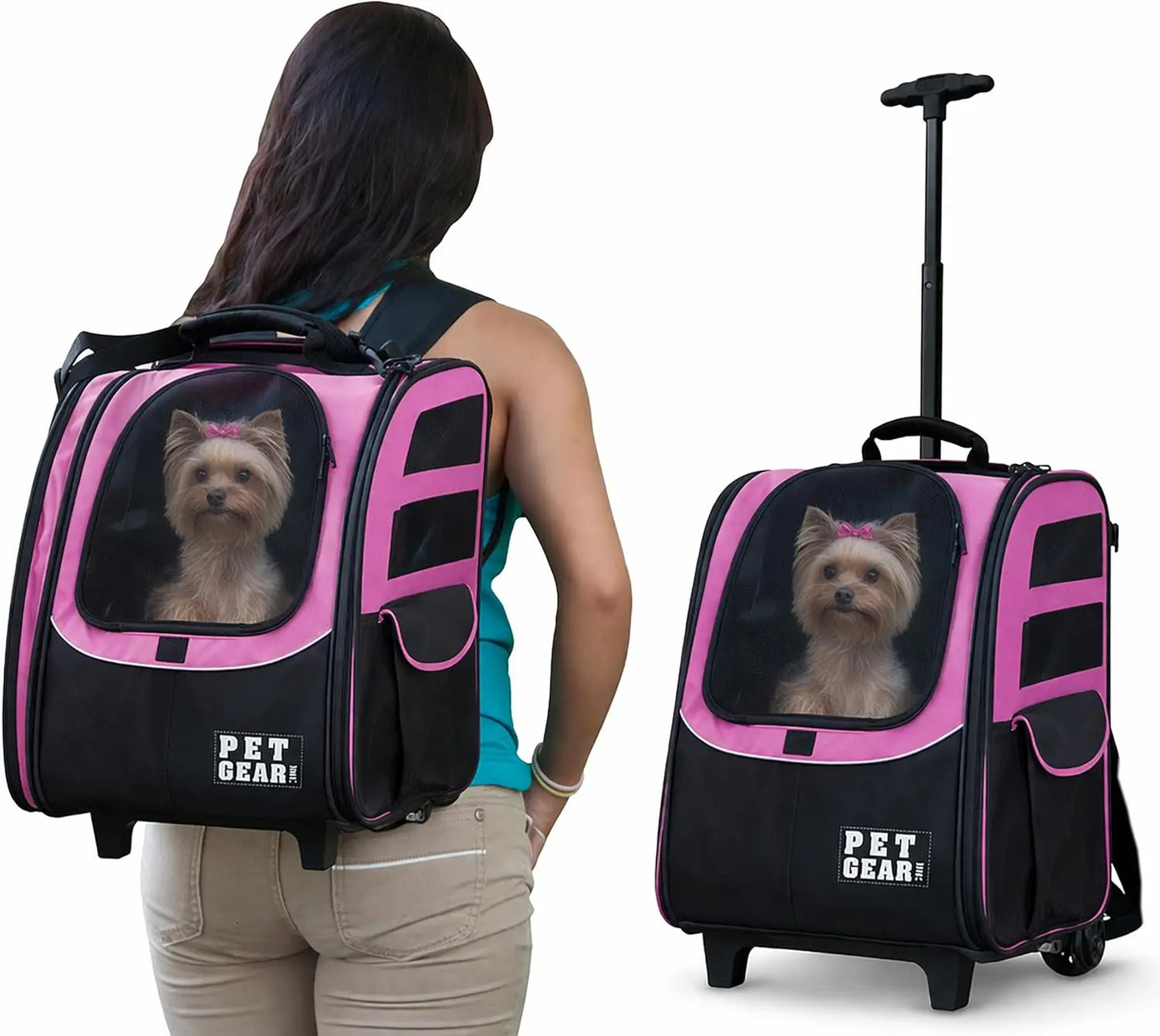 Traveler Roller Backpack for Cats/Dogs, Mesh Ventilation, Telescoping Handle, Storage Pouch, Green Clover