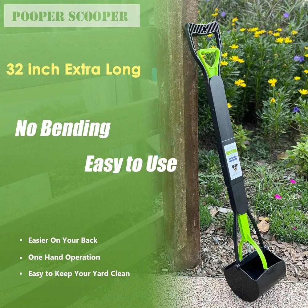 32" Pooper Scooper for Large Medium Small Dogs with Bag Attachment, Extra Long Handle Heavy Duty with 30 Dog Poop Bags & 1 Dispe