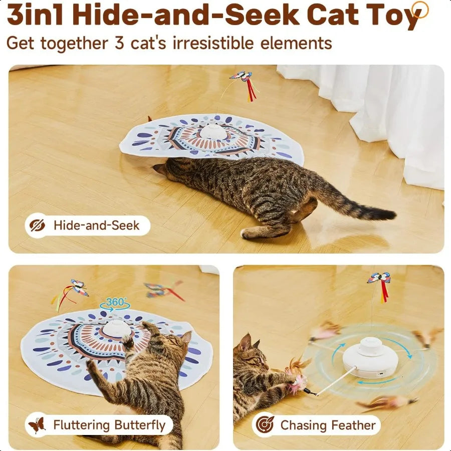 Cat Toys Chargeable 3in1 Hide and Seek for Kittens Interactive Automatic Play Fluttering Butterfly Moving Wand Feather Indoor K