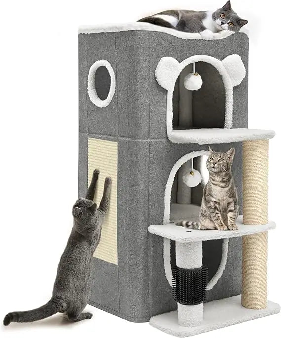 3-Tier Cat House, Cat Beds for Indoor Cats, Modern Cat Condo with Highway Cave, Scratch & Itching Post, Climbing Stand,