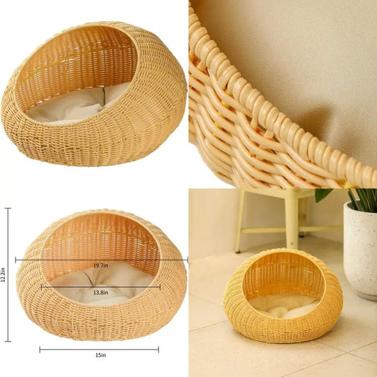 round rattan bed with cushion for cats and small dogs, wicker pet basket house