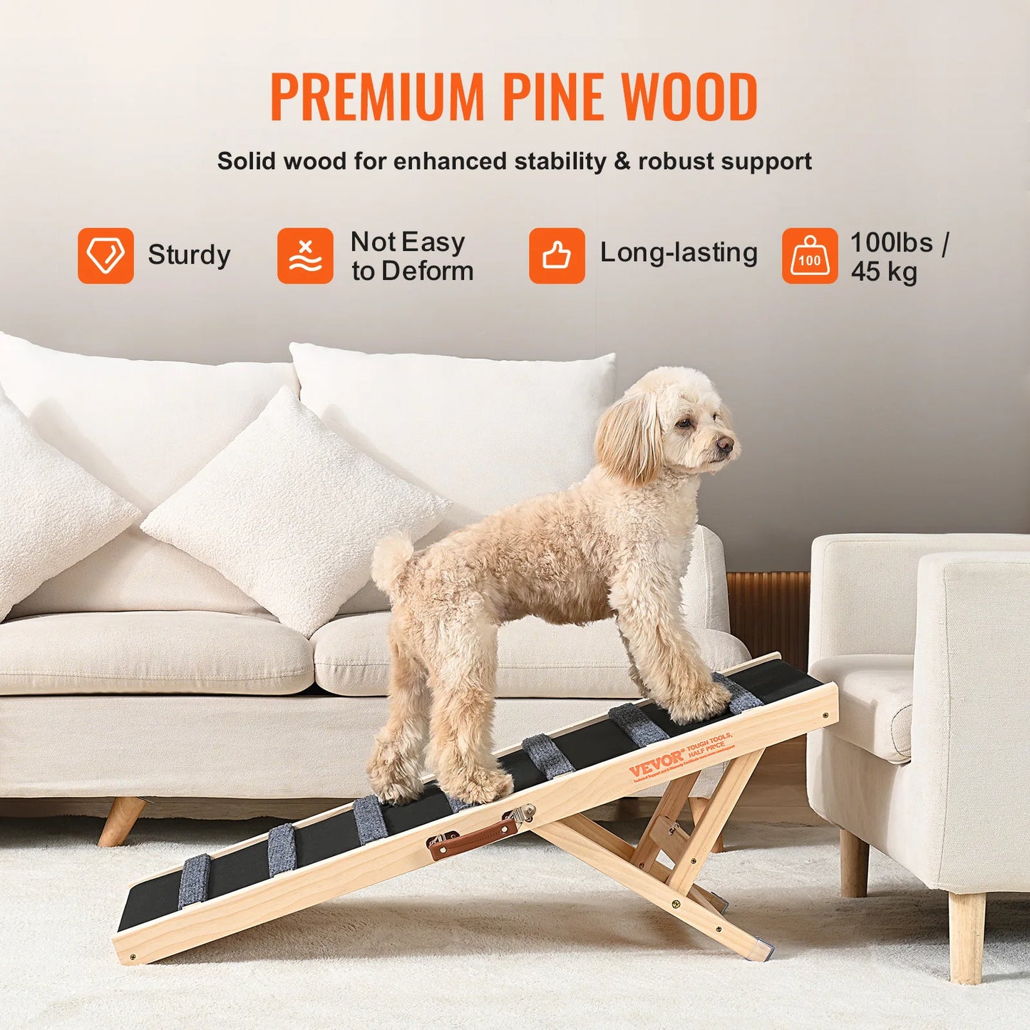 Dog Ramp Folding Ladder Anti-slip High Adjustable Wooden Pet Ramp Removable for Small Old Dog Climbing Stairs Sofa Car