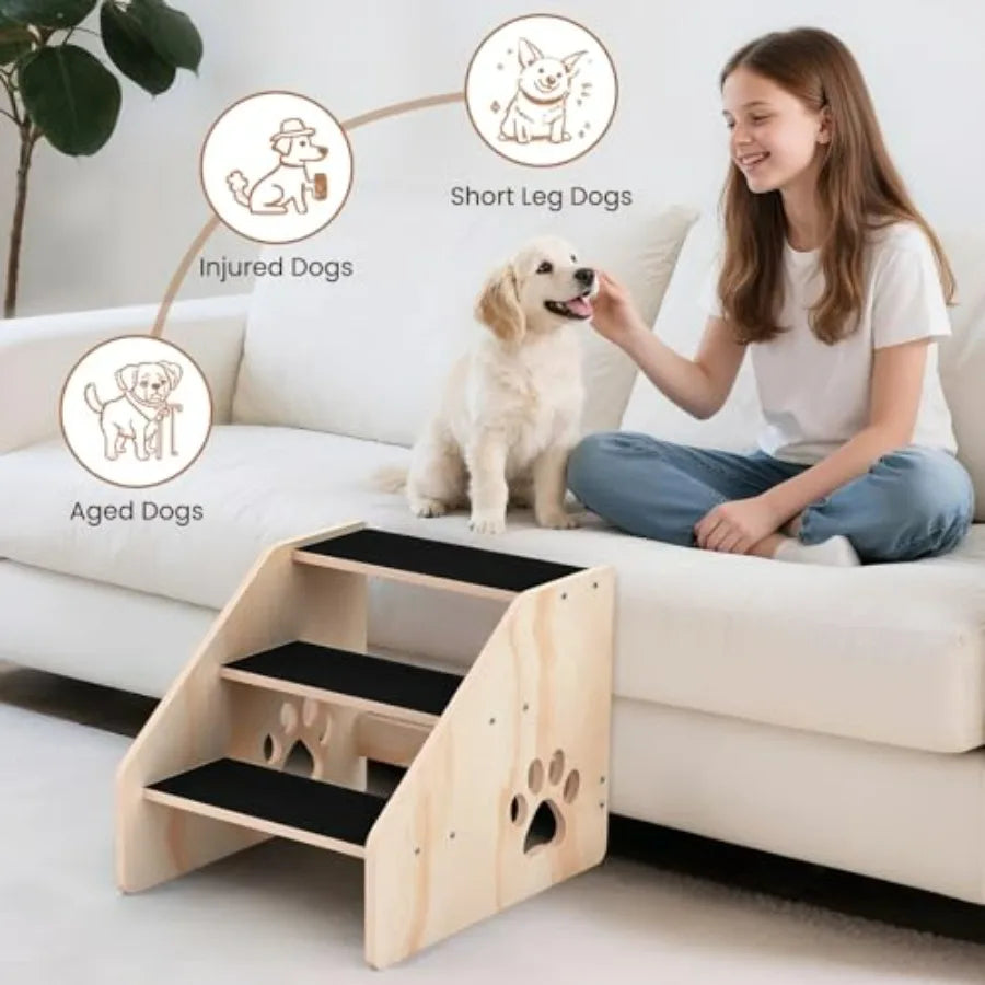 Dog Stairs Wooden 3Step Dog Ramp for Small Medium Large Older Cat Puppy Essentials Pet Step Ladder for High Bed Couch Car