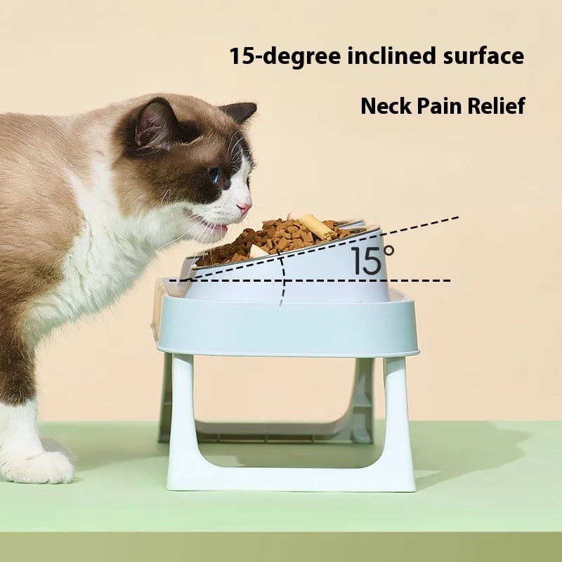 Stainless Steel Elevated Cat Bowl Dual Dish - Anti-Slip Non-Tip Raised Feeder Neck Support for Pets Dogs Cats