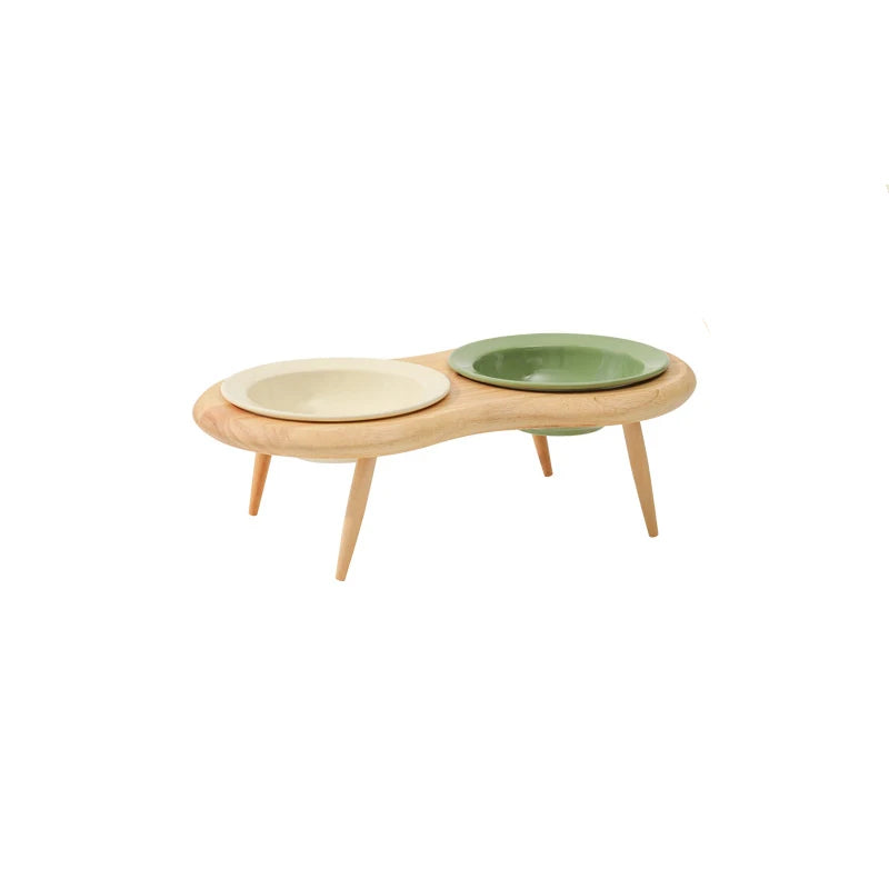 Cat Ceramic Bowl Small Dogs Double Food Water Bowls Pet Elevated Height Adjustable Drinking Eating Bowls with Wooden Stand
