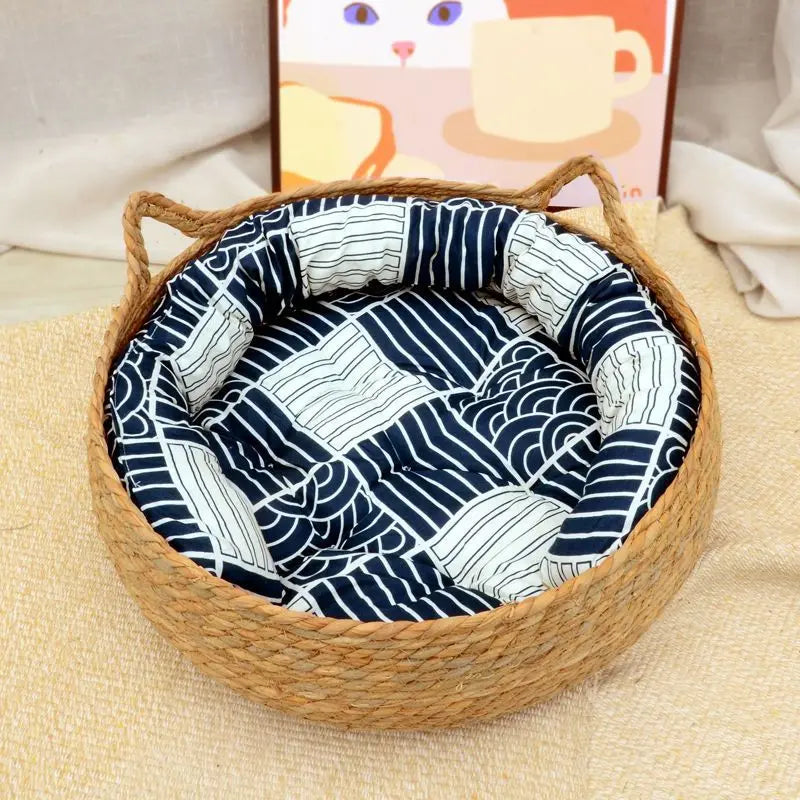 Rattan Weaving Cat Basket Pet Cat Bed With Cushion Soft Warm Puppy Kitten Bed Donut Round Comfortable Sleeping Cat House