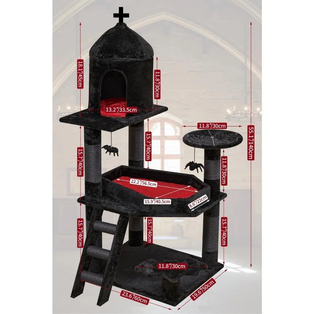 Gothic Cat Tree with Coffin Bed,55" Cat Tower with Spacious Cat Condo,Scratching Posts,Spider Hanging Ball,Multi-Level Cat Activ