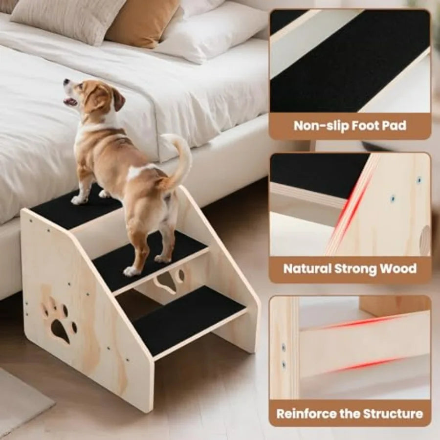 Dog Stairs Wooden 3Step Dog Ramp for Small Medium Large Older Cat Puppy Essentials Pet Step Ladder for High Bed Couch Car