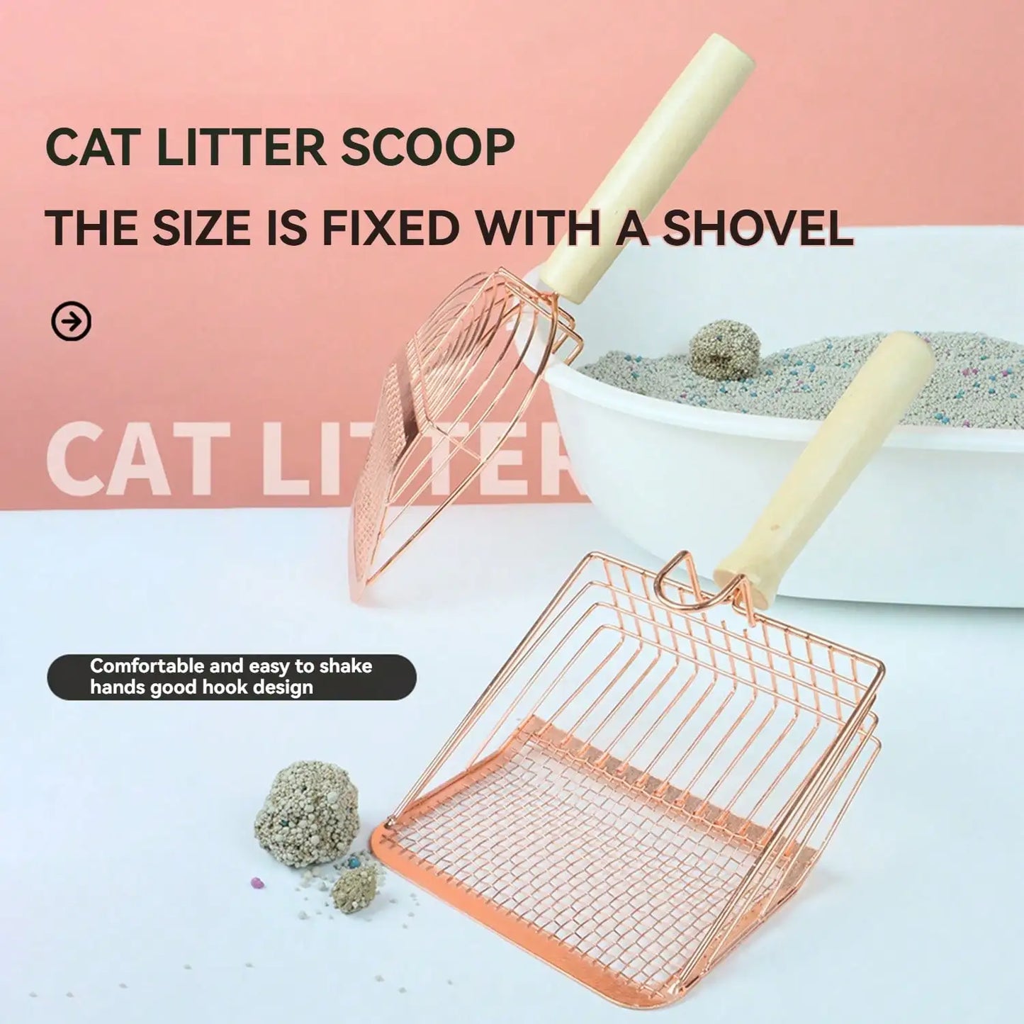 Cat Litter Scoop, Fast Sifting Cat Litter Scoop With Holder Stand, Stainless Steel Poop Scooper With Ergonomic Wood Handle
