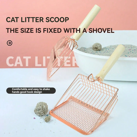 Cat Litter Scoop, Fast Sifting Cat Litter Scoop With Holder Stand, Stainless Steel Poop Scooper With Ergonomic Wood Handle