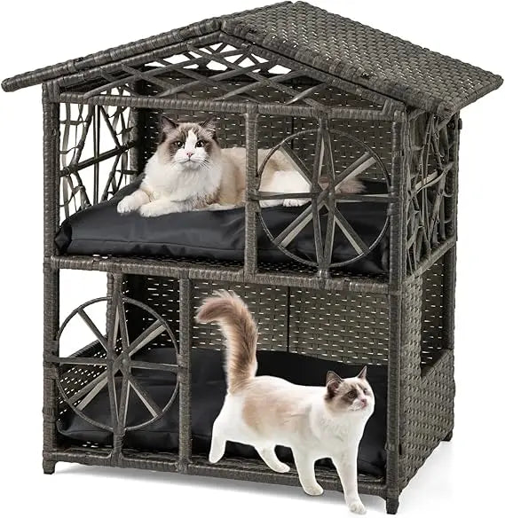 Two-Tier Rattan Cat House with Removable Cushions and Wicker Cat Cave Bed for Aesthetic Pet Shelter