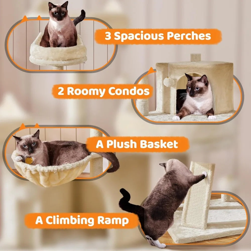 Cat Tree Cat Tower, Multilevel Cat Condo with Sisal Scratching Post as Indoor Cats Play House, Beige