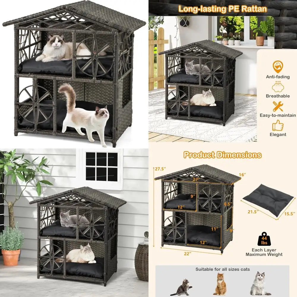 Two-Tier Rattan Cat House with Removable Cushions and Wicker Cat Cave Bed for Aesthetic Pet Shelter