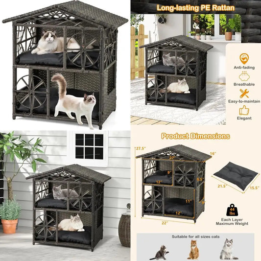 Two-Tier Rattan Cat House with Removable Cushions and Wicker Cat Cave Bed for Aesthetic Pet Shelter