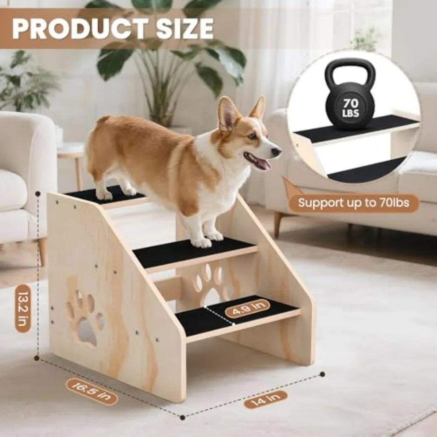 Dog Stairs Wooden 3Step Dog Ramp for Small Medium Large Older Cat Puppy Essentials Pet Step Ladder for High Bed Couch Car