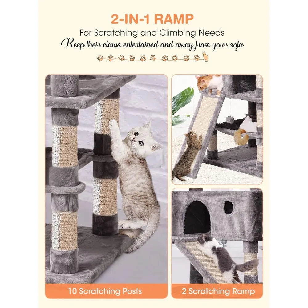 Cat Tree Cat Tower 70.1 in, Multi Level Cat Scratching Post with Condos, Ladders, Basket, Hammock & Plush Perches for Kittens