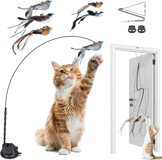 Cat Toys for Indoor Cats, Interactive Bird Cat Toy Self-Holding Suction Base with 5 Replaceable Birds, Door Hanging String, Feat