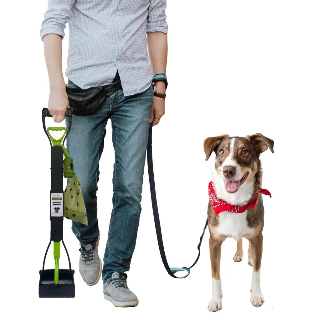 32" Pooper Scooper for Large Medium Small Dogs with Bag Attachment, Extra Long Handle Heavy Duty with 30 Dog Poop Bags & 1 Dispe