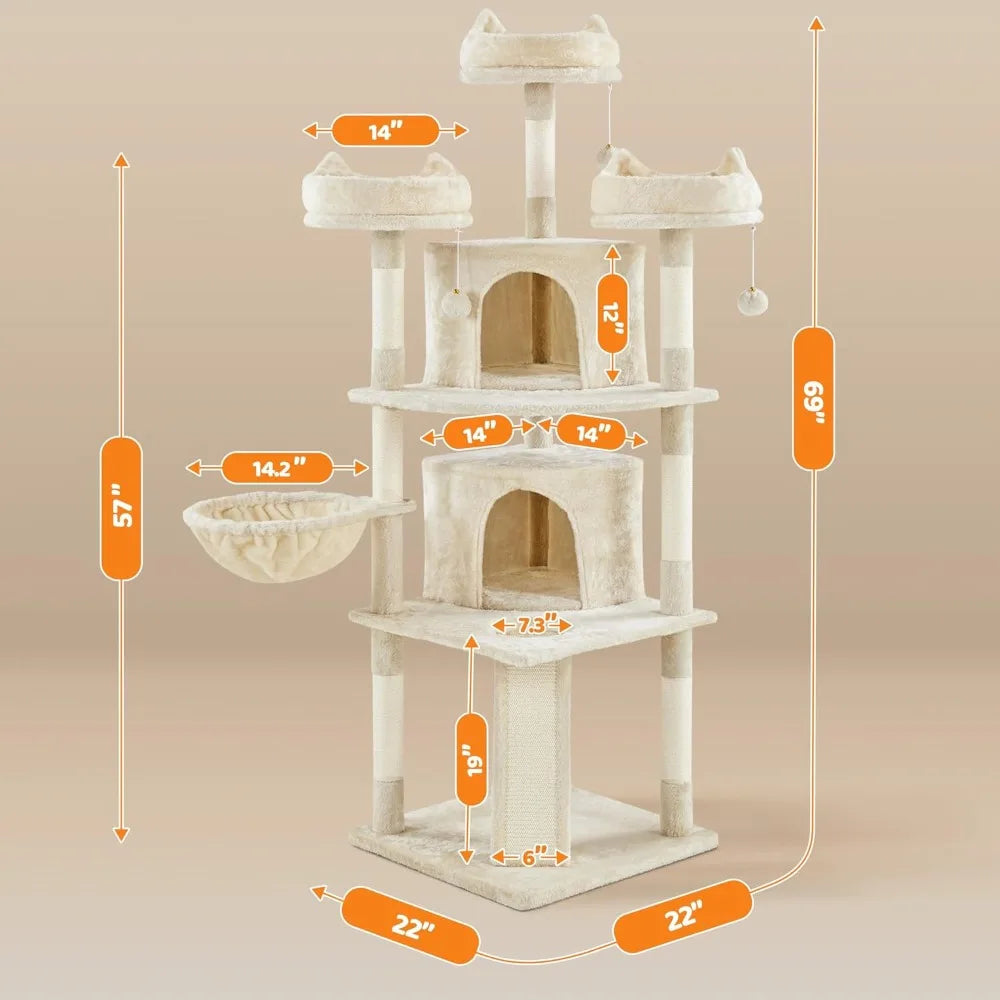 Cat Tree Cat Tower, Multilevel Cat Condo with Sisal Scratching Post as Indoor Cats Play House, Beige