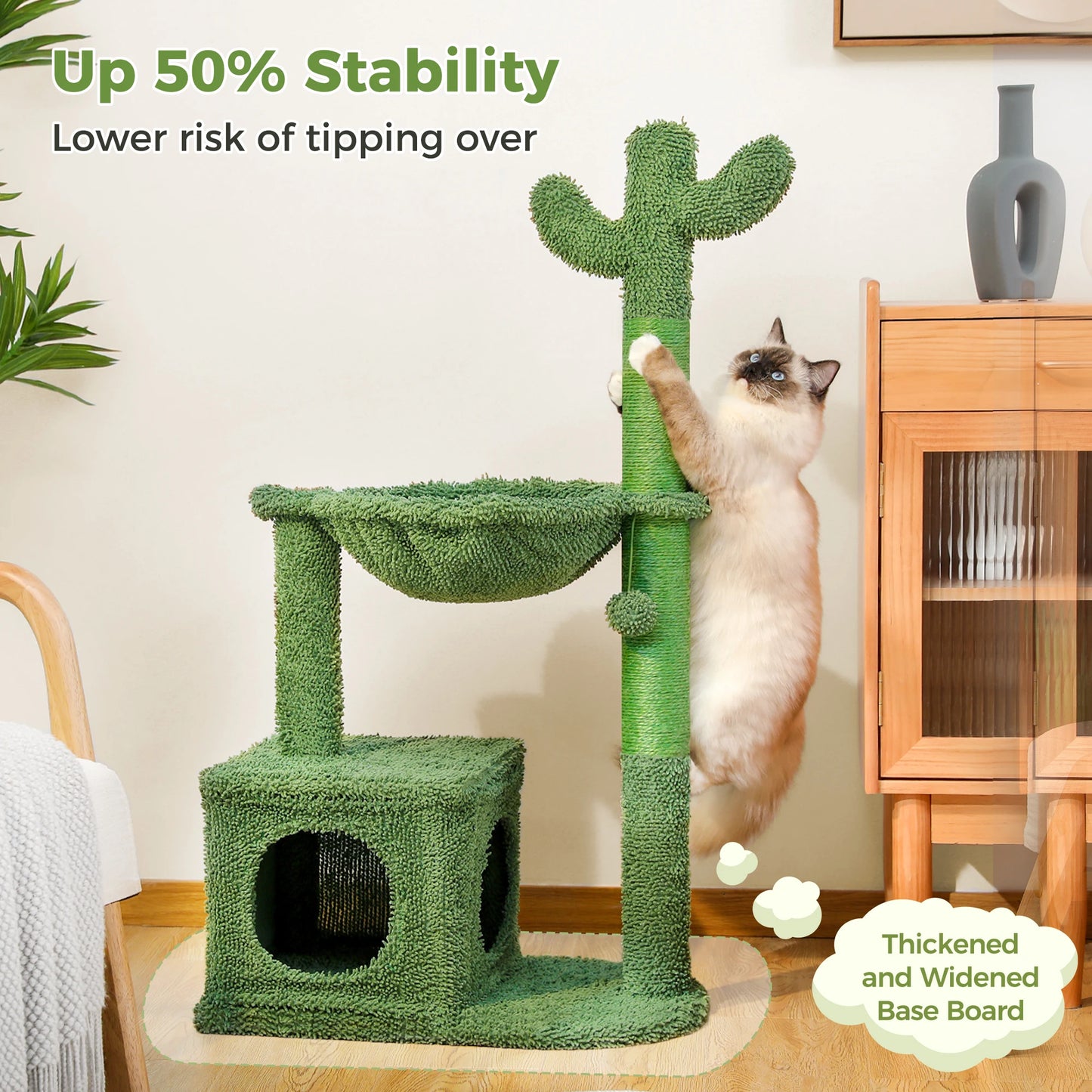 Cactus Cat Tree with Large Condo, Hammock, Dangling Ball, Small Cat Tower, Cat Scratching Post for Indoor, Cat Toys