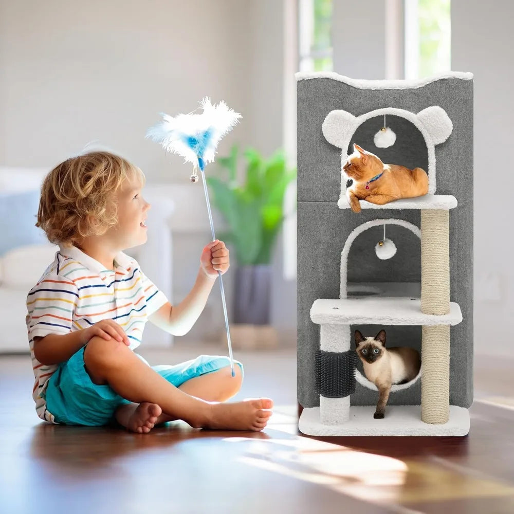 3-Tier Cat House, Cat Beds for Indoor Cats, Modern Cat Condo with Highway Cave, Scratch & Itching Post, Climbing Stand,