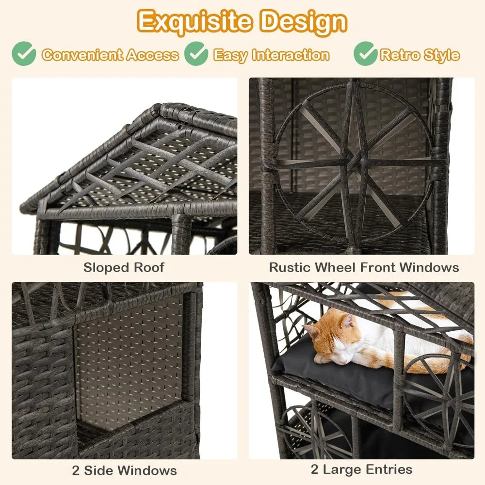 Two-Tier Rattan Cat House with Removable Cushions and Wicker Cat Cave Bed for Aesthetic Pet Shelter
