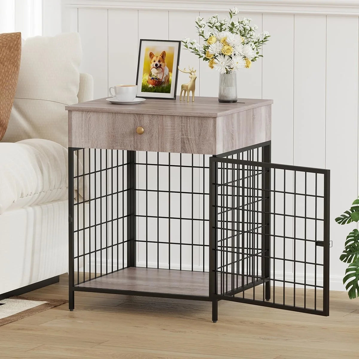 Dog Crate Dog Kennel with Drawer Pet Cage Nightstand Pet Crate End Table for Small Dog
