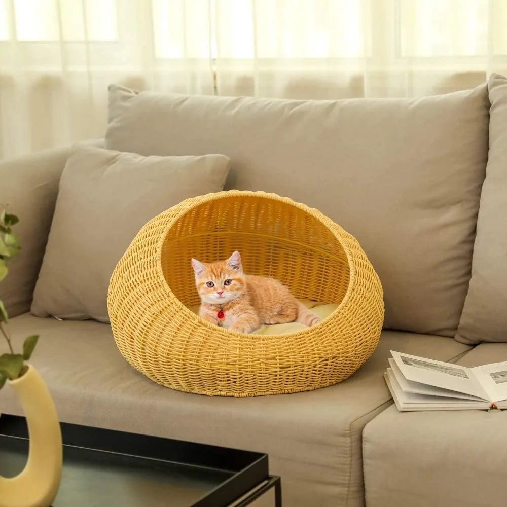 round rattan bed with cushion for cats and small dogs, wicker pet basket house