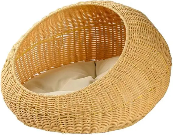 round rattan bed with cushion for cats and small dogs, wicker pet basket house
