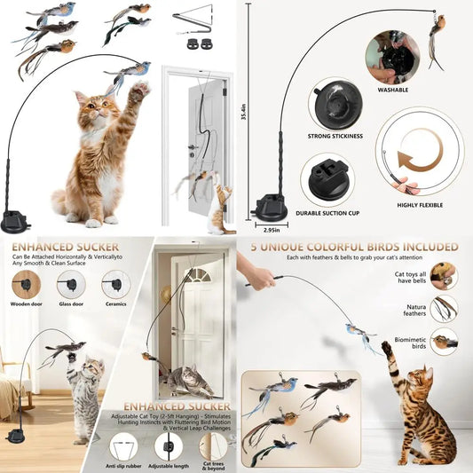 Cat Toys for Indoor Cats, Interactive Bird Cat Toy Self-Holding Suction Base with 5 Replaceable Birds, Door Hanging String, Feat